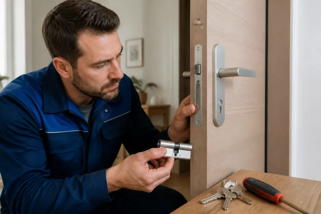 Serrurier examinant une serrure de porte d’entrée, cylindre neuf et trousseau posés pour sécuriser le logement