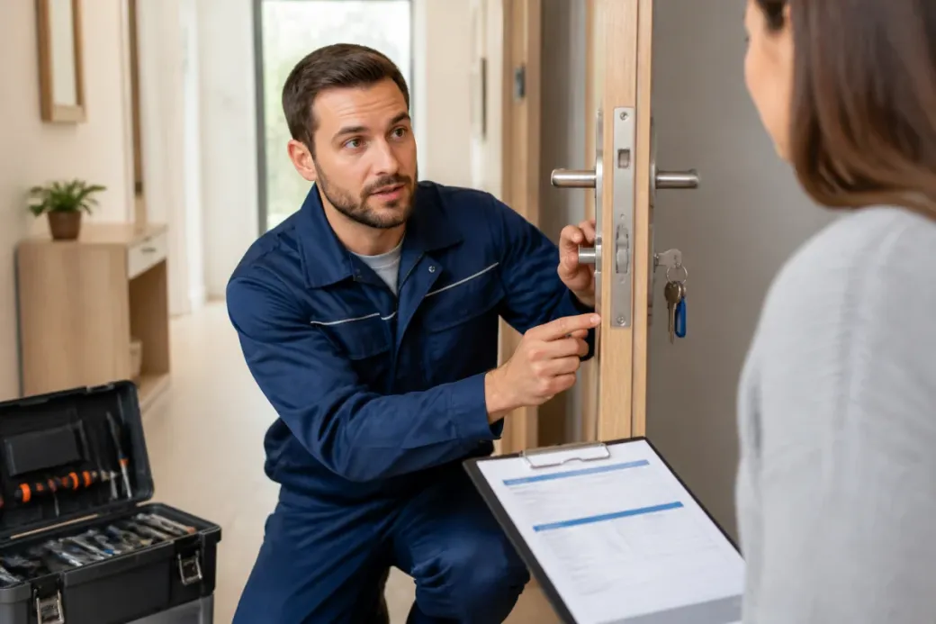 Serrurier à domicile inspectant calmement une serrure d’entrée, avec devis visible dans un logement moderne et lumineux