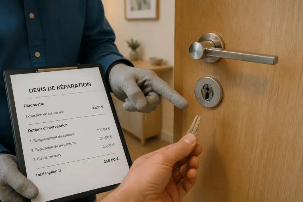 Main tenant une clé cassée devant une serrure, professionnel présentant un devis de réparation de porte
