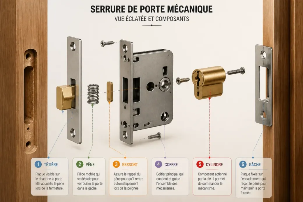 Schéma éclaté d’une serrure de porte mécanique, présentant le cylindre, le coffre, le pêne, le ressort, la têtière et la gâche.