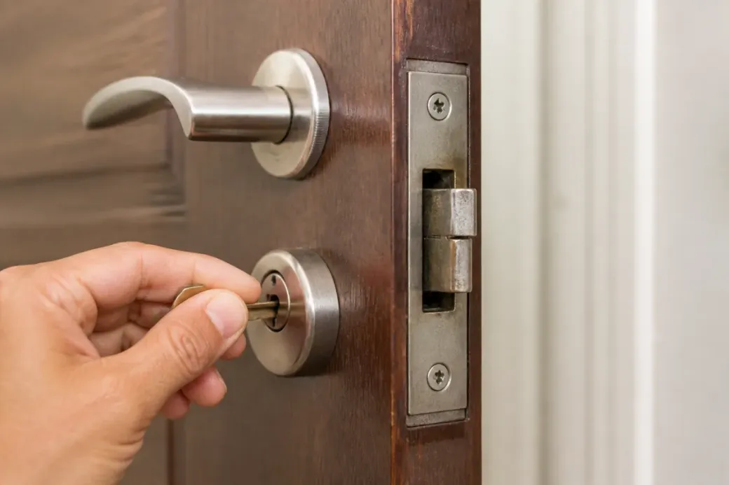 Main tournant une clé dans une serrure de porte d’entrée, pêne visible, mécanisme bloqué en gros plan