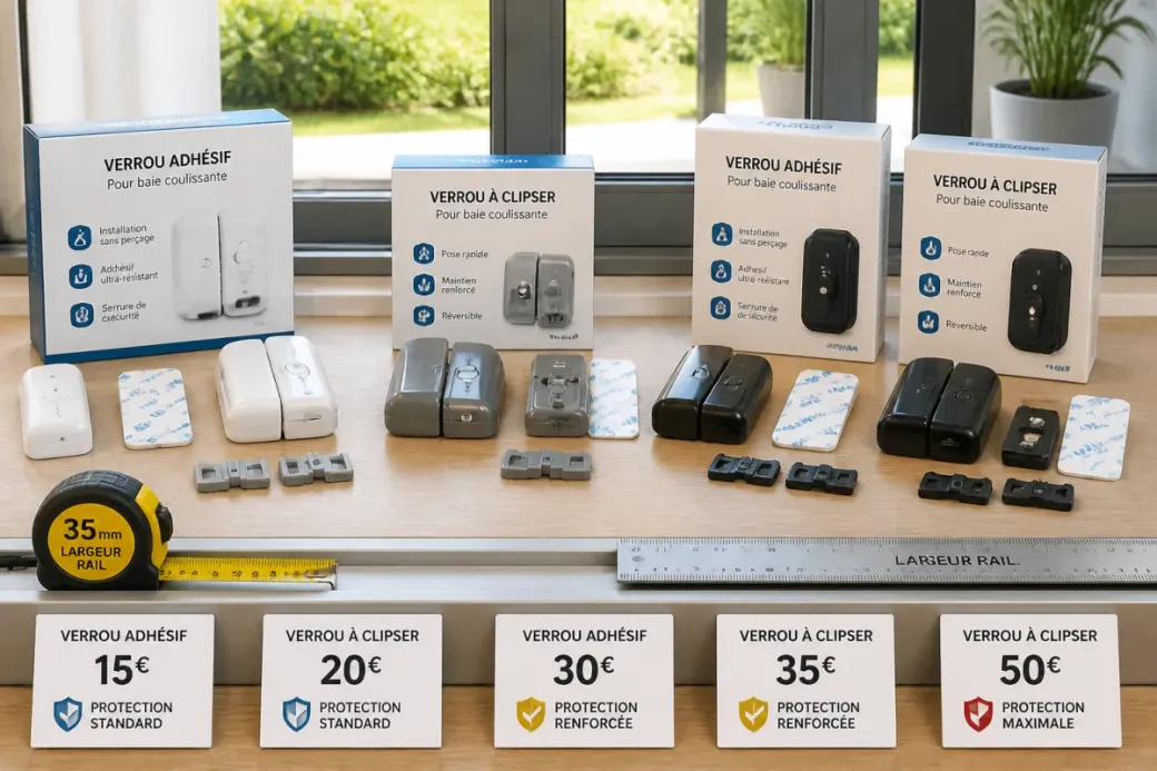 Verrous adhésifs et à clipser pour baie coulissante, accessoires et outils de mesure du rail visibles au premier plan